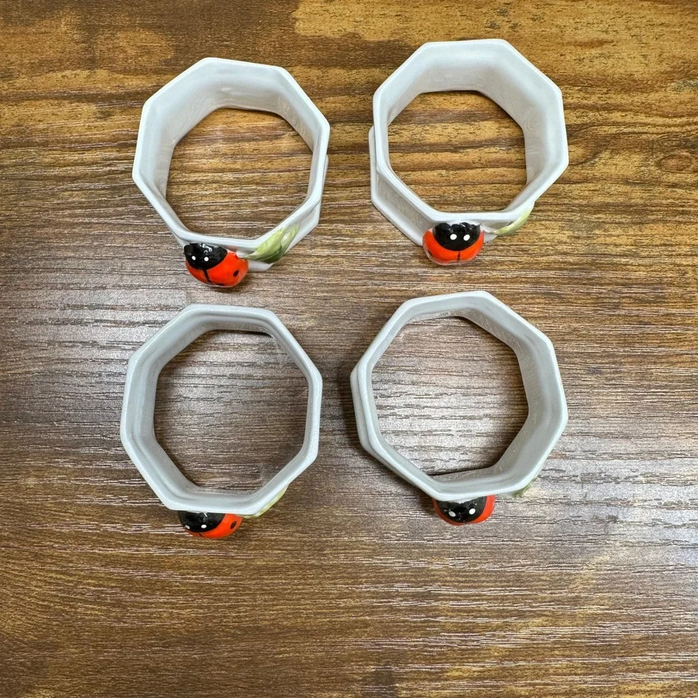Vintage Ladybug Ceramic Napkin Rings Set of 4 White Octagon Cottagecore Spring
